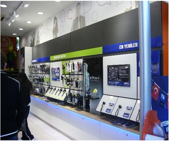 Modern telecom retail environment with branded fixtures